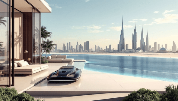 A modern luxury villa with a sleek infinity pool overlooking a stunning city skyline, featuring futuristic skyscrapers, palm trees, and a serene waterfront setting.