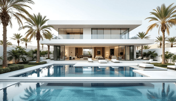 An image of a two-story modern villa surrounded by lush palm trees, featuring floor-to-ceiling glass windows and a luxurious private pool. 
