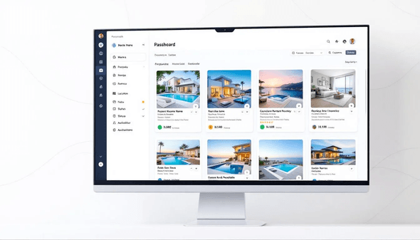 The image displays a property management software dashboard featuring an organized layout with multiple vacation rental properties listed, showcasing essential metrics for property managers.