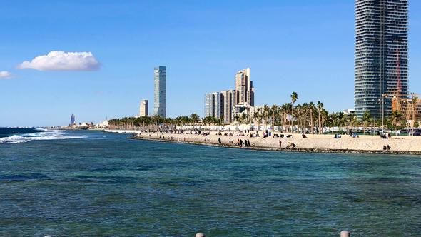 A scenic view of Jeddah's waterfront features a vibrant promenade lined with palm trees, modern skyscrapers, and a calm blue sea under a clear sky.