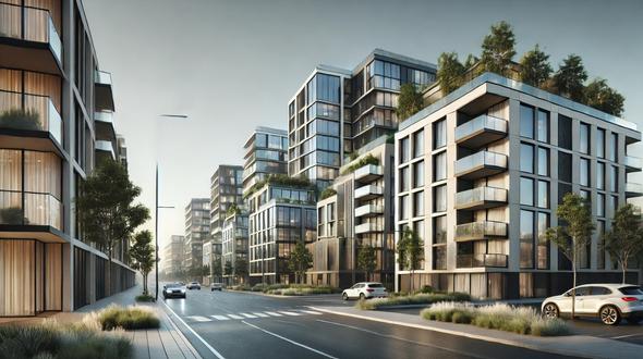 Sleek residential buildings with eco-friendly rooftop greenery and modern architecture, showcasing the future of rental property management in 2025.