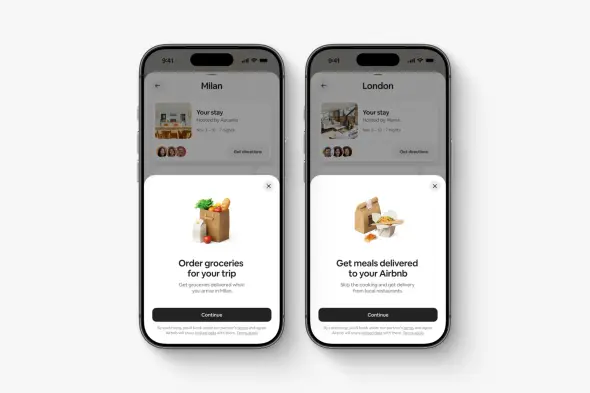 Two smartphone screens demonstrating Airbnb’s in-stay service options, including order groceries upon arrival in Milan and meal delivery from local restaurants in London.