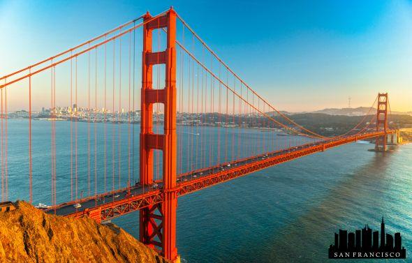 The iconic Golden Gate Bridge that crosses over the San Francisco Bay, going from San Francisco to Marin County.
