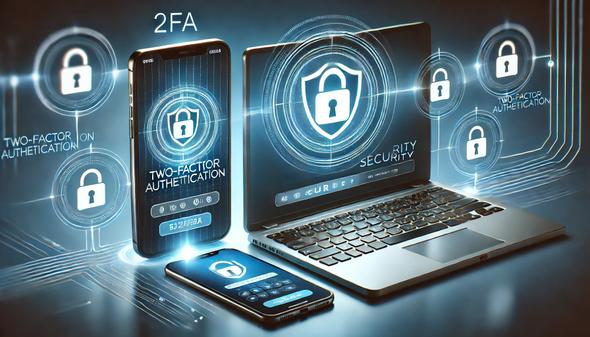 Digital devices showcasing two-factor authentication (2FA) security with lock icons.
