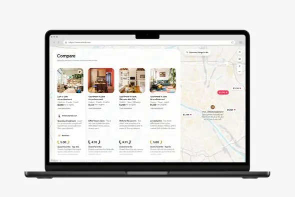 A laptop interface presenting Airbnb’s listing comparison tool, displaying multiple Paris properties side by side with pricing, review highlights, key amenities, and an interactive map.