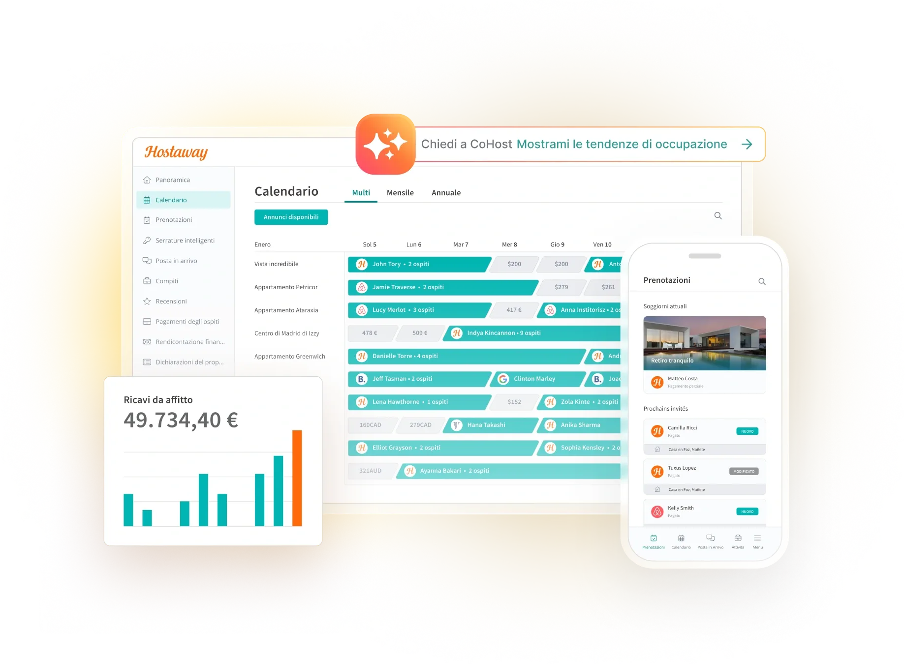 L'interfaccia della dashboard nel software IA gestionale per affitti brevi Hostaway, che mostra gestione delle proprietà, canali integrati e messaggistica con gli ospiti per Airbnb, Vrbo e Booking.com