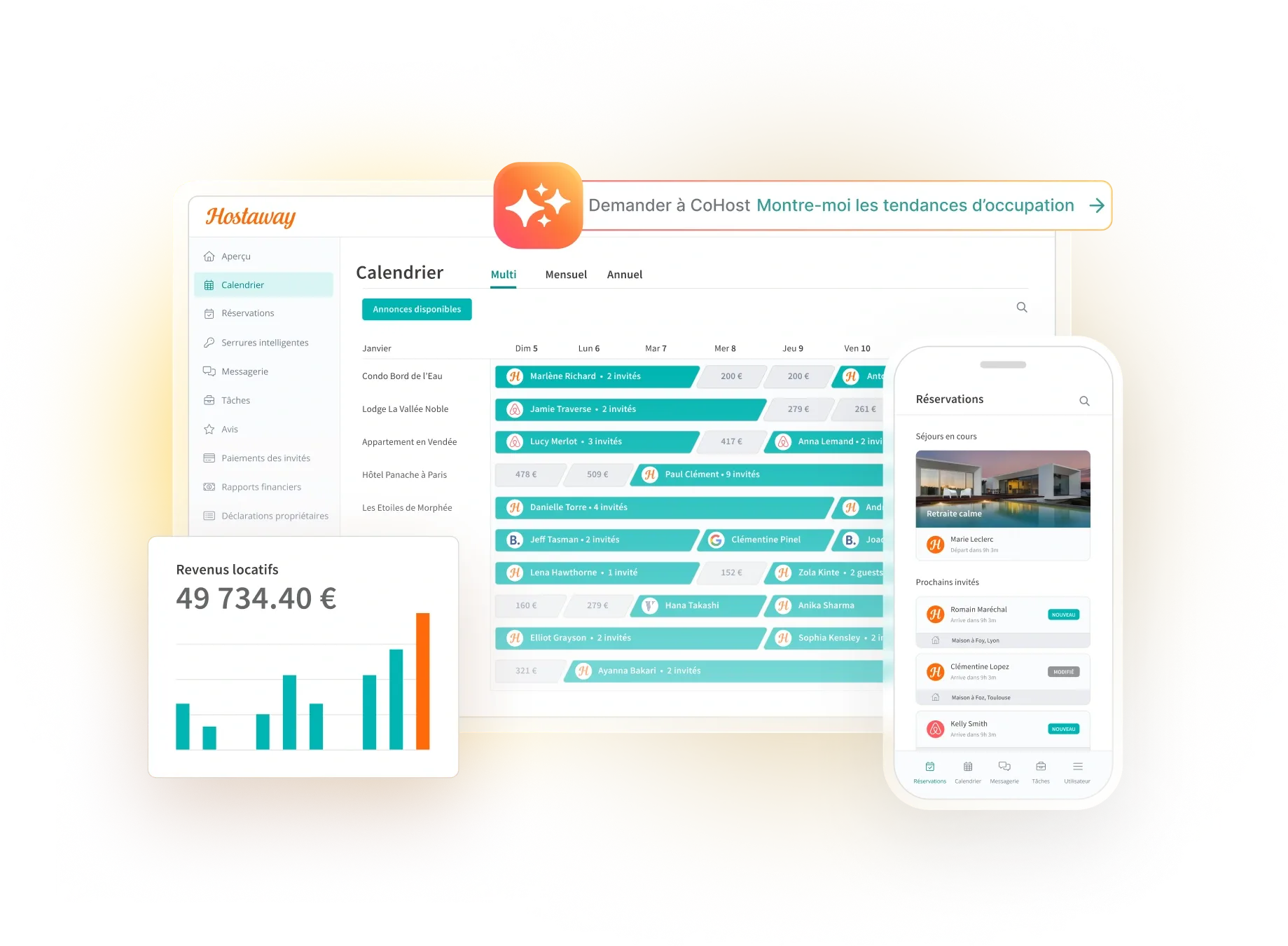 Interface du tableau de bord du logiciel de gestion de locations saisonnières de Hostaway, montrant les fonctionnalités de gestion de propriétés, d'intégration des canaux et de messagerie voyageurs pour Airbnb, Booking.com et Abritel/Vrbo.