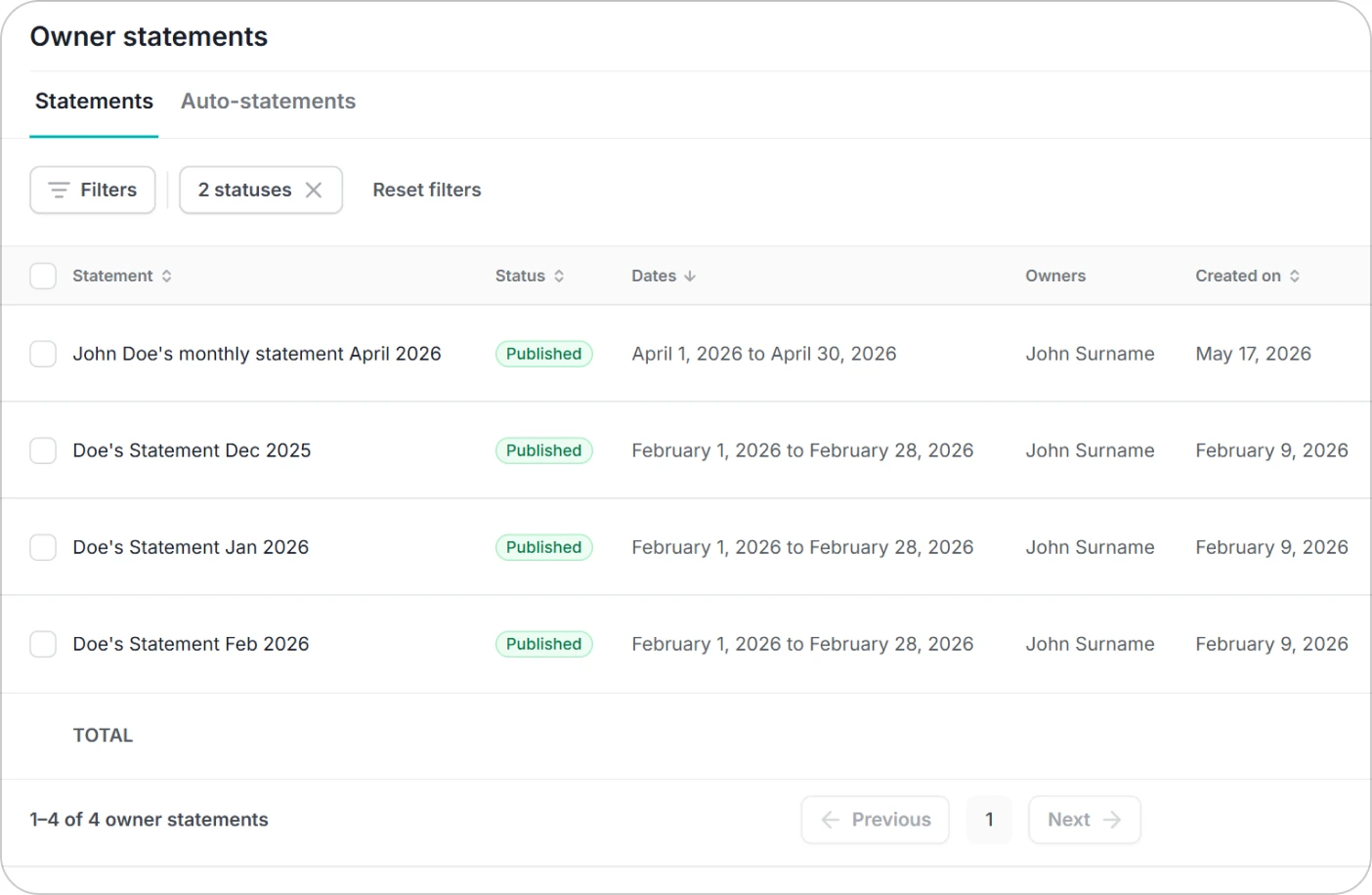 Hostaway automated owner communications interface for generating and emailing statements