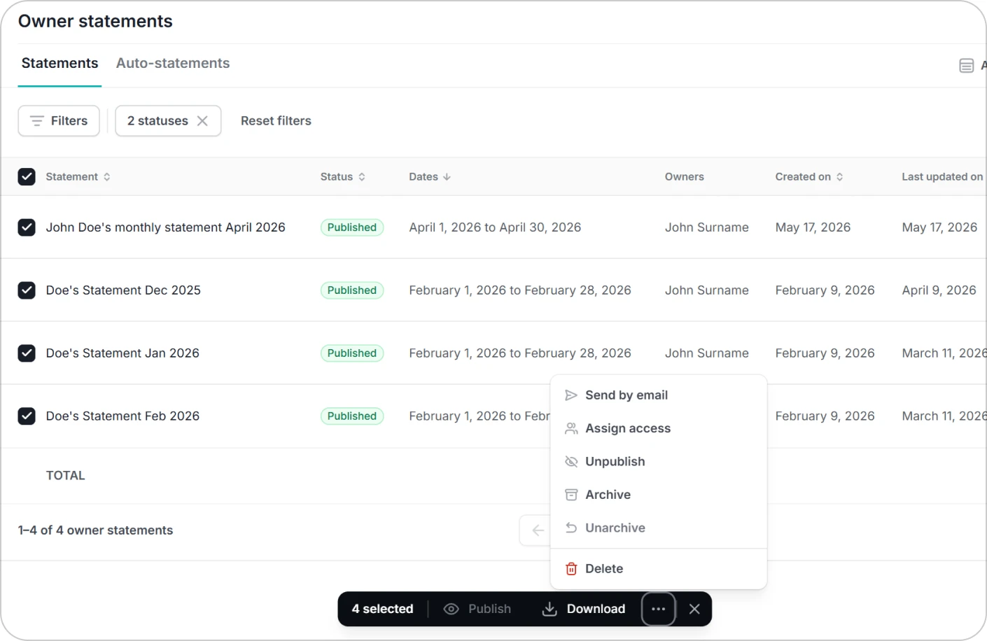 Hostaway bulk actions interface for managing multiple owner statements at once