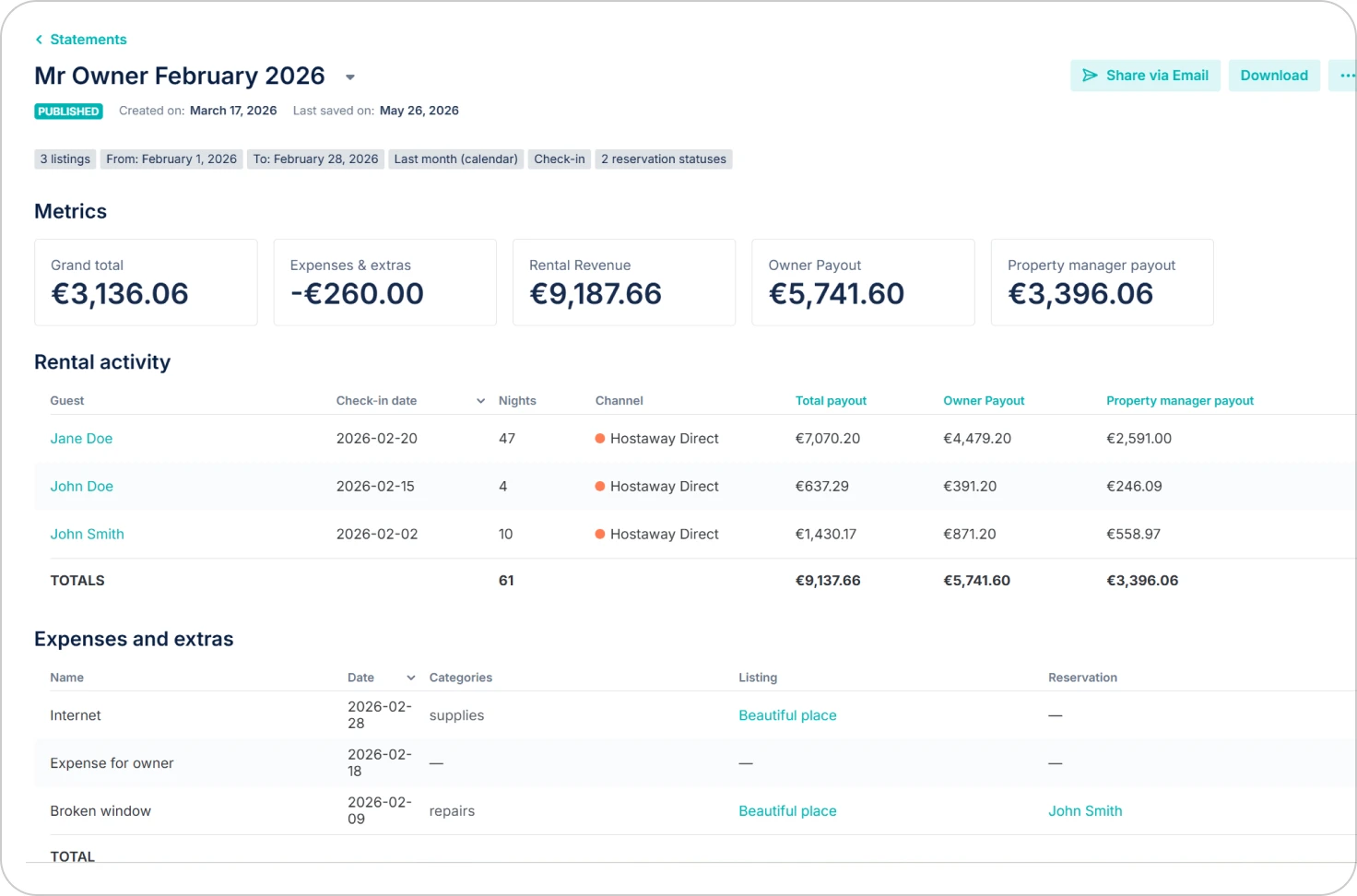 Hostaway owner portal with self-serve booking tracking and financial statements