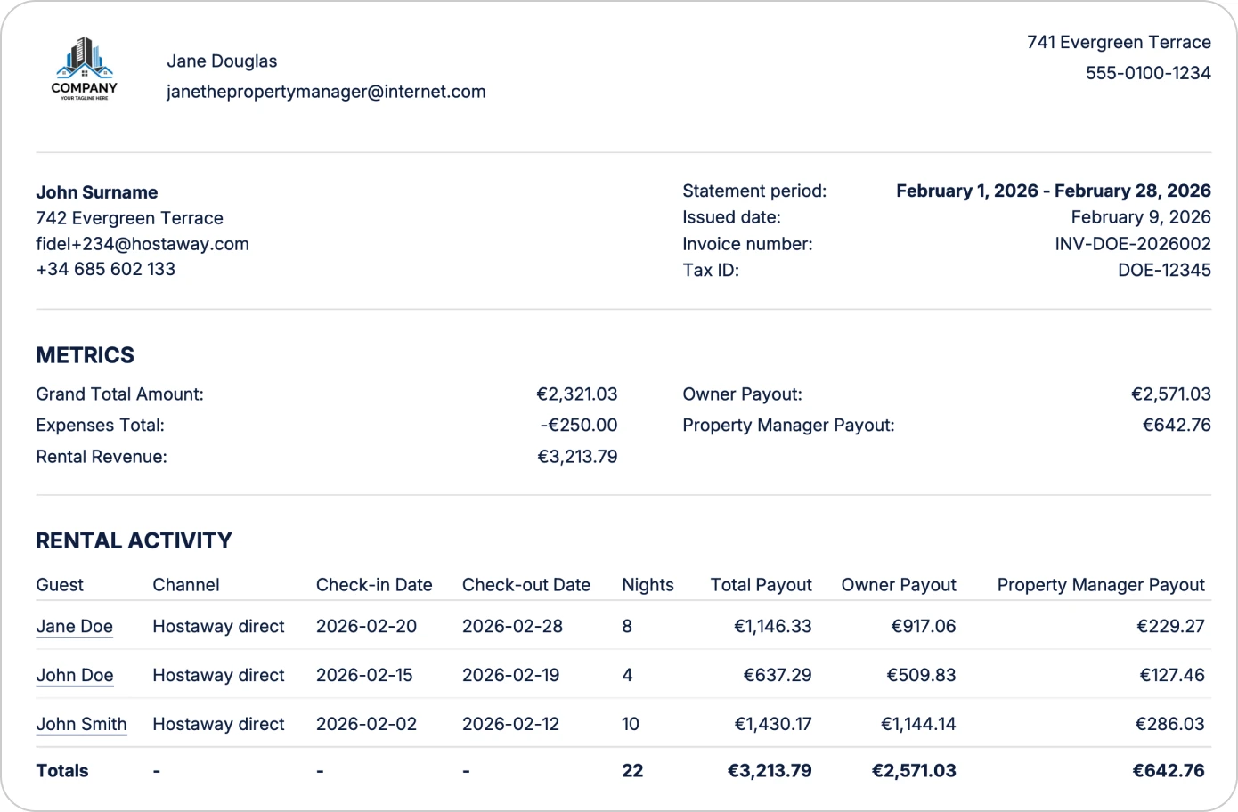 Hostaway professional owner statement template showing rental activity and expense breakdown