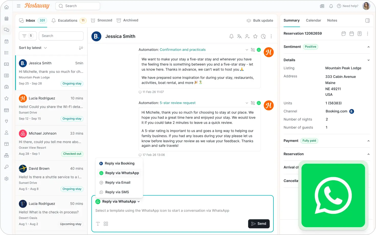 Mobile communication interface showing SMS and WhatsApp integration for vacation rental guest messaging