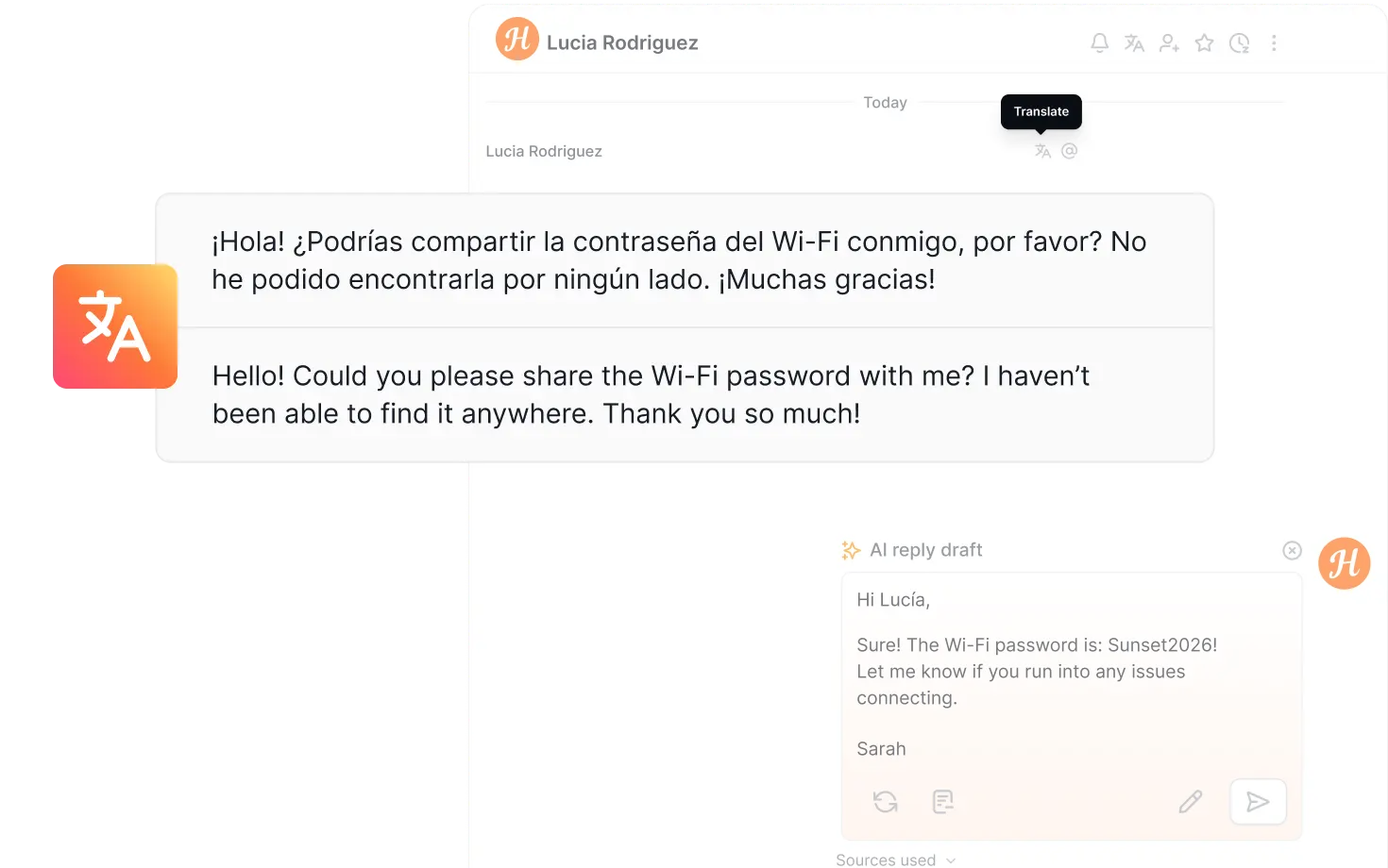 Guest inbox interface translating an incoming guest message into the property manager's native language with one click
