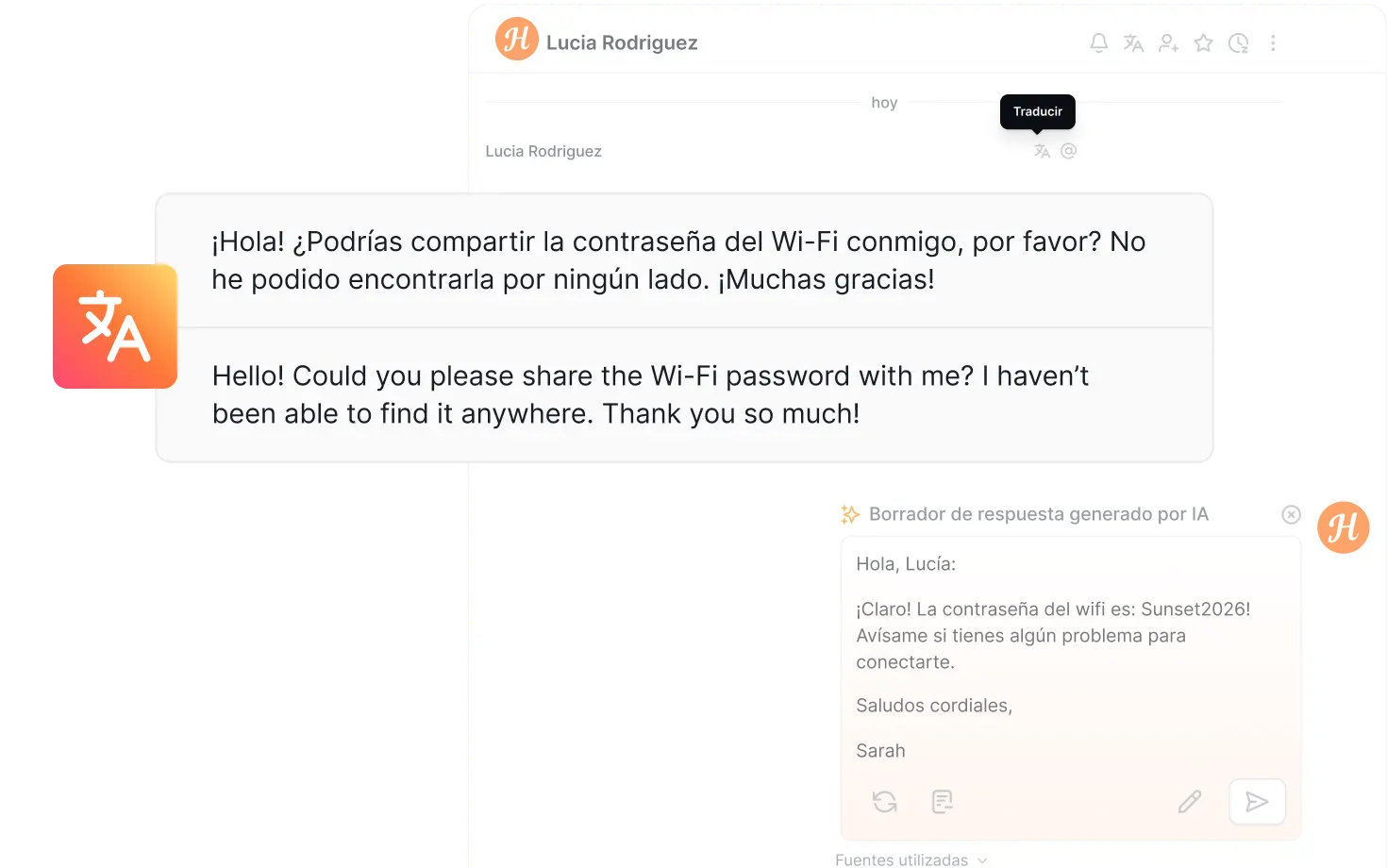 Interfaz de la bandeja de entrada de huéspedes que traduce un mensaje entrante al idioma nativo del gestor de propiedades con un solo clic