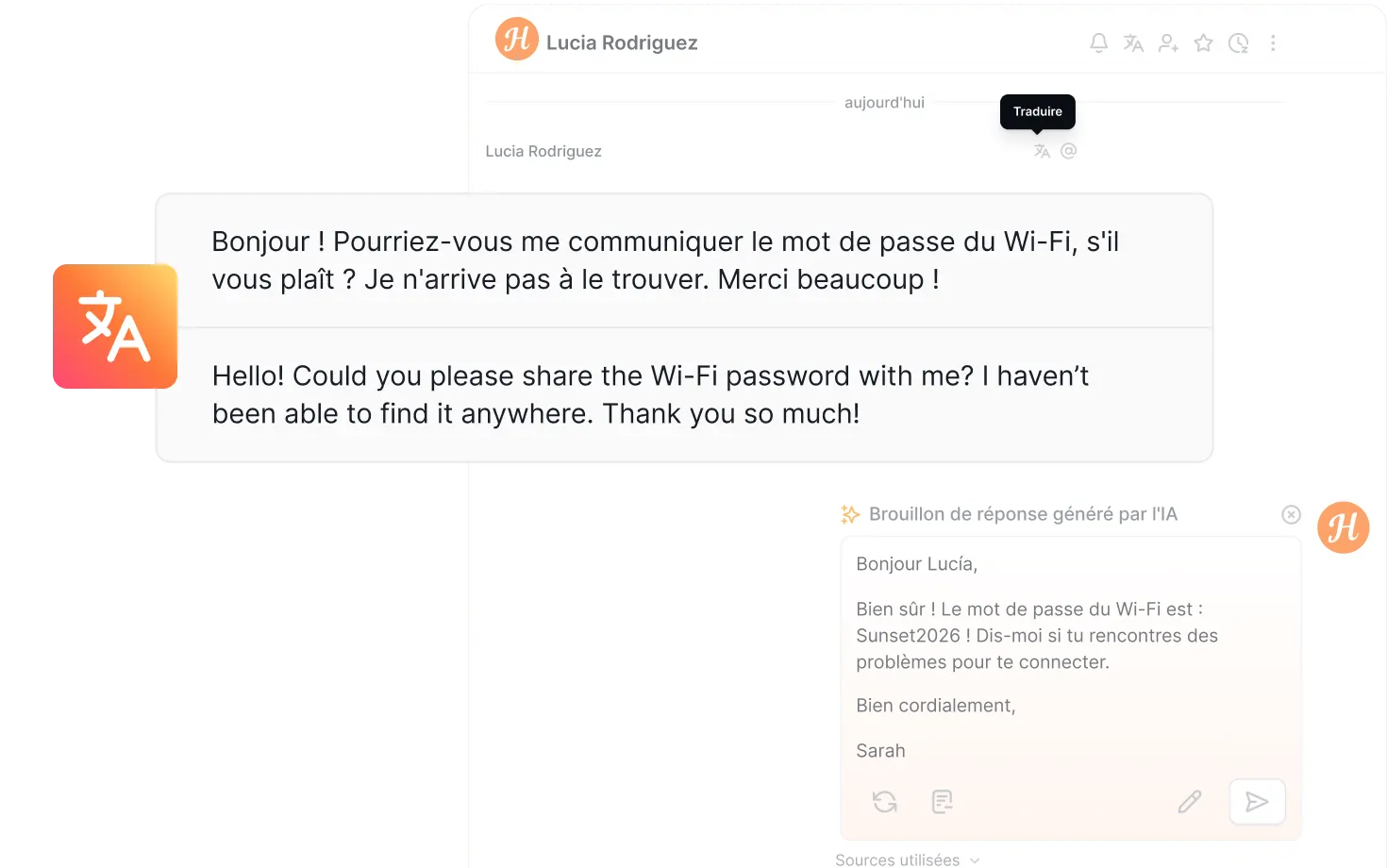 Interface de la boîte de réception traduisant d'un clic un message voyageur entrant dans la langue du gestionnaire immobilier
