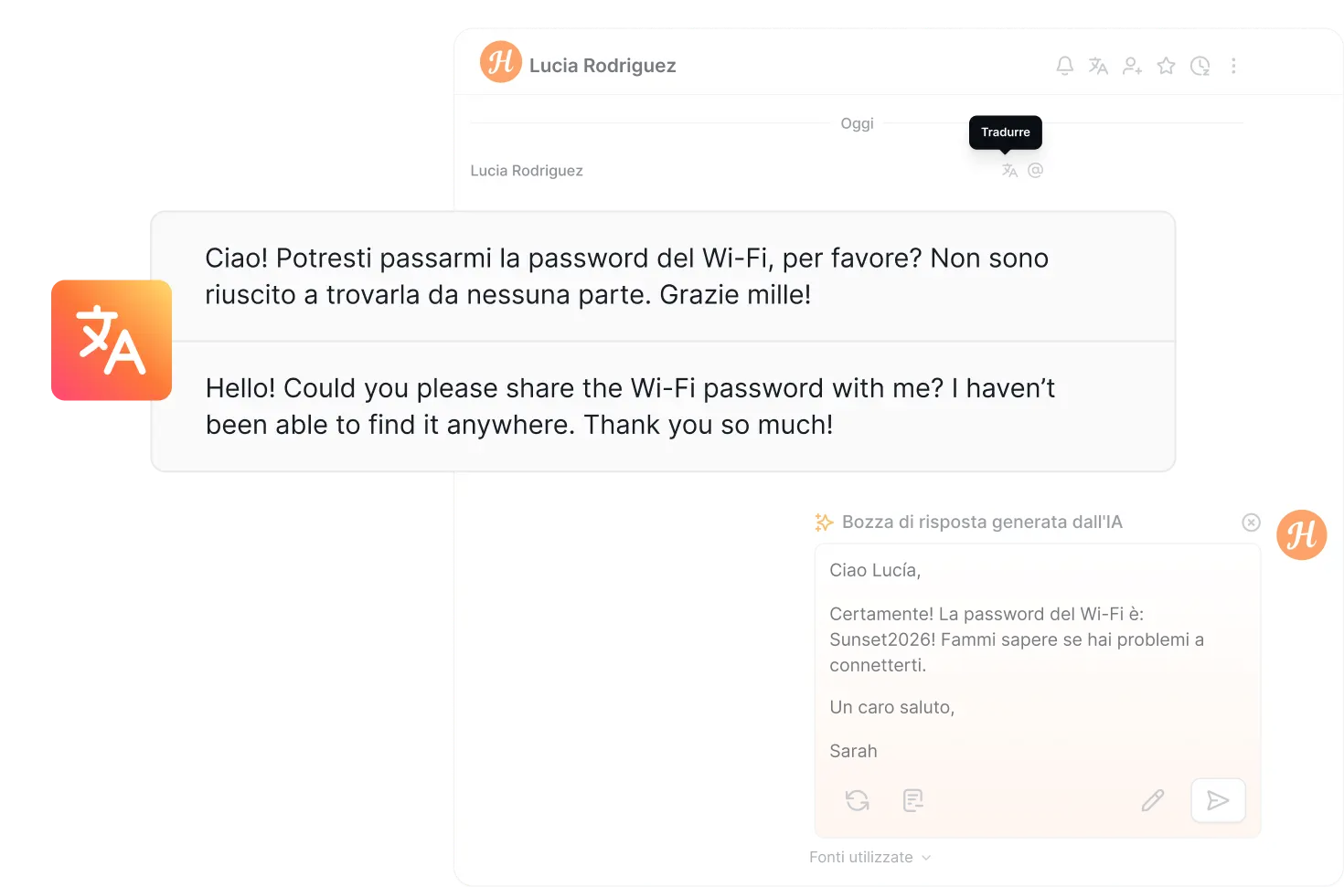 Interfaccia della inbox ospiti che mostra la traduzione con un clic di un messaggio in arrivo nella lingua del property manager